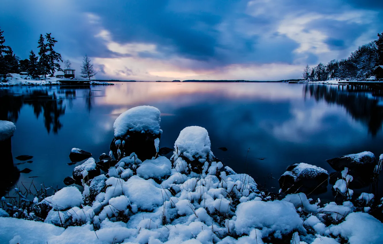 Photo wallpaper winter, the sky, water, snow, nature, stones, the evening, Stockholm