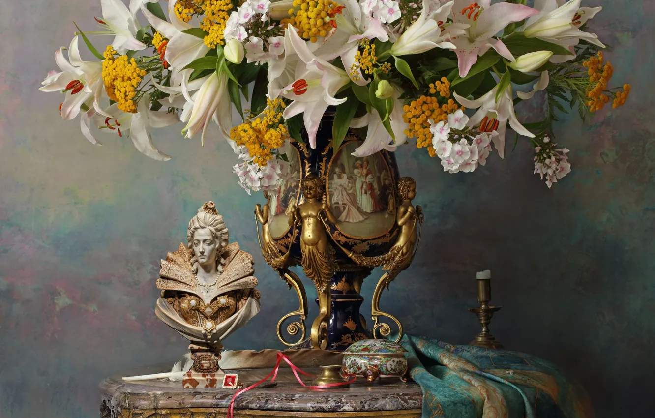 Photo wallpaper flowers, style, bouquet, vase, figurine, still life, white lilies, Phlox