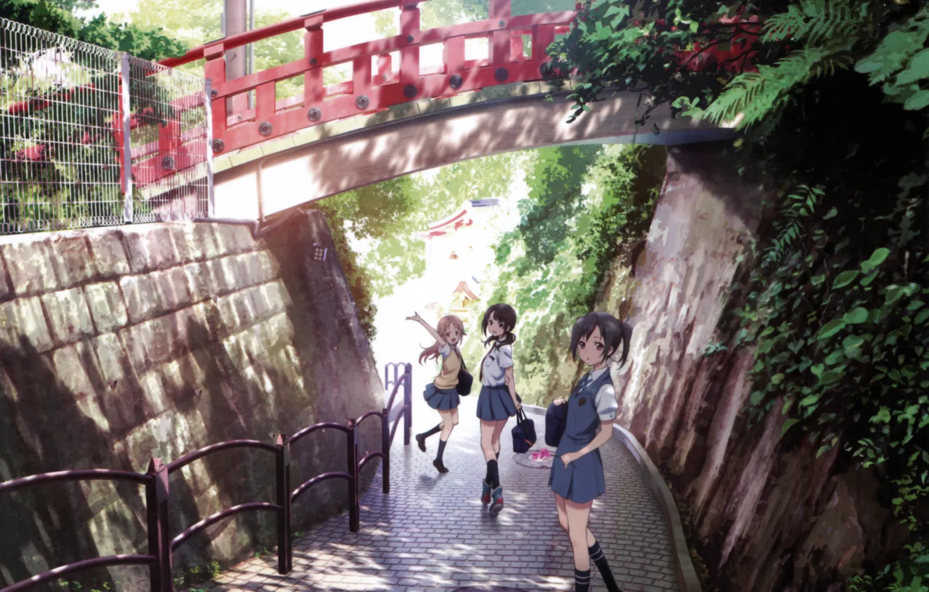 Photo wallpaper road, greens, summer, bridge, pavers, Japan, railings, portfolio