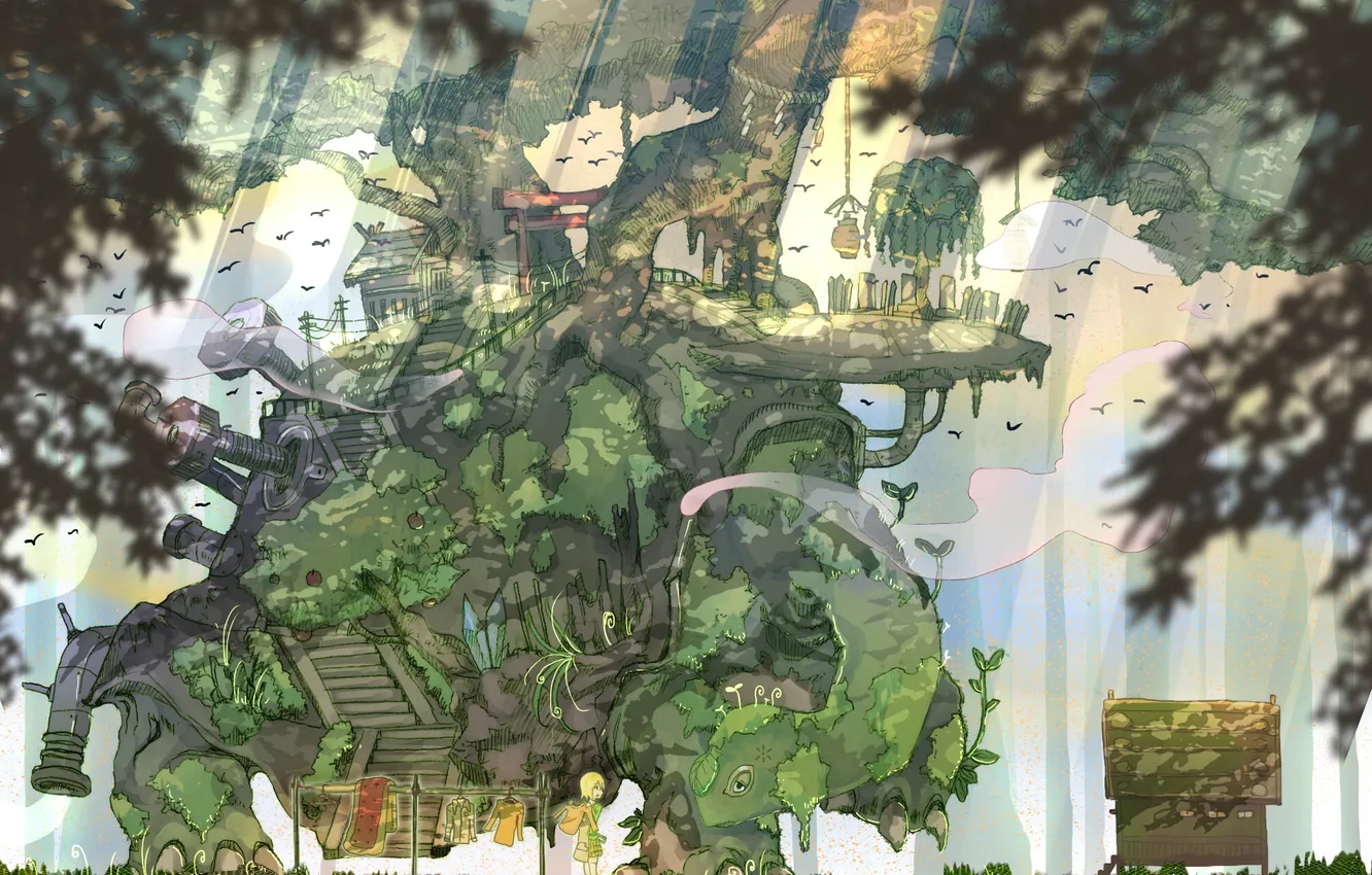 Photo wallpaper girl, trees, birds, linen, turtle, home, plants, anime