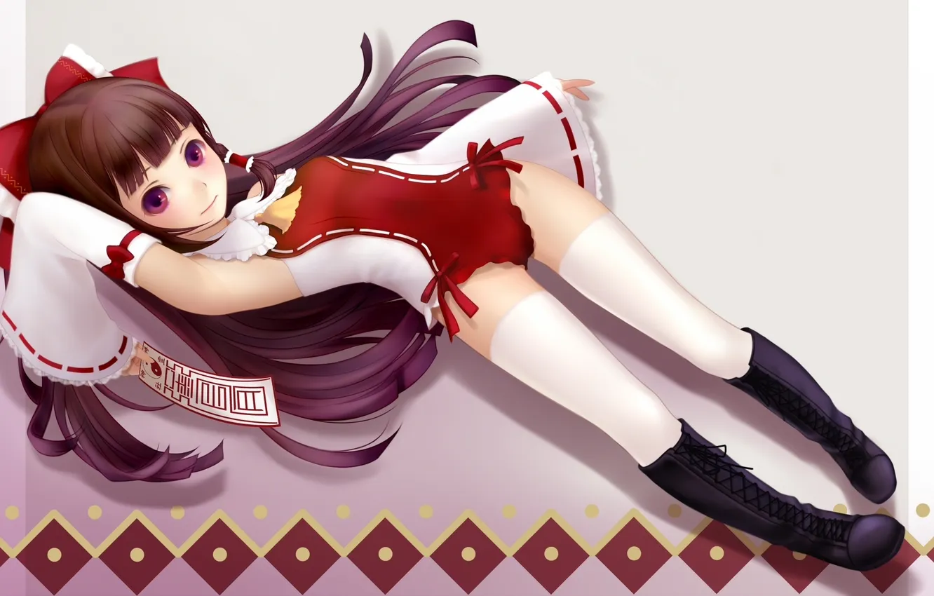 Photo wallpaper girl, smile, touhou, art, Hakurei Reimu, Yori