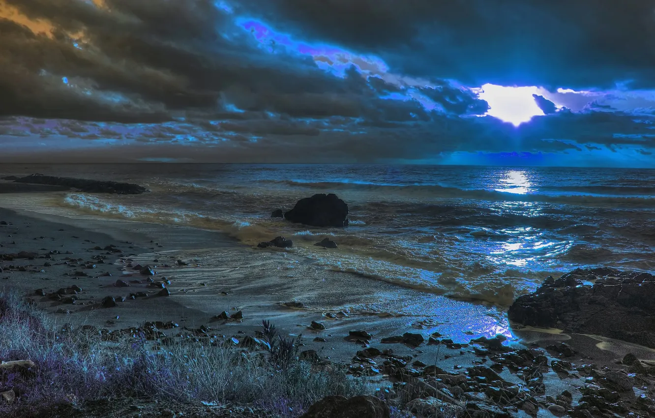 Photo wallpaper sea, the sky, clouds, clouds, stones, the evening, surf