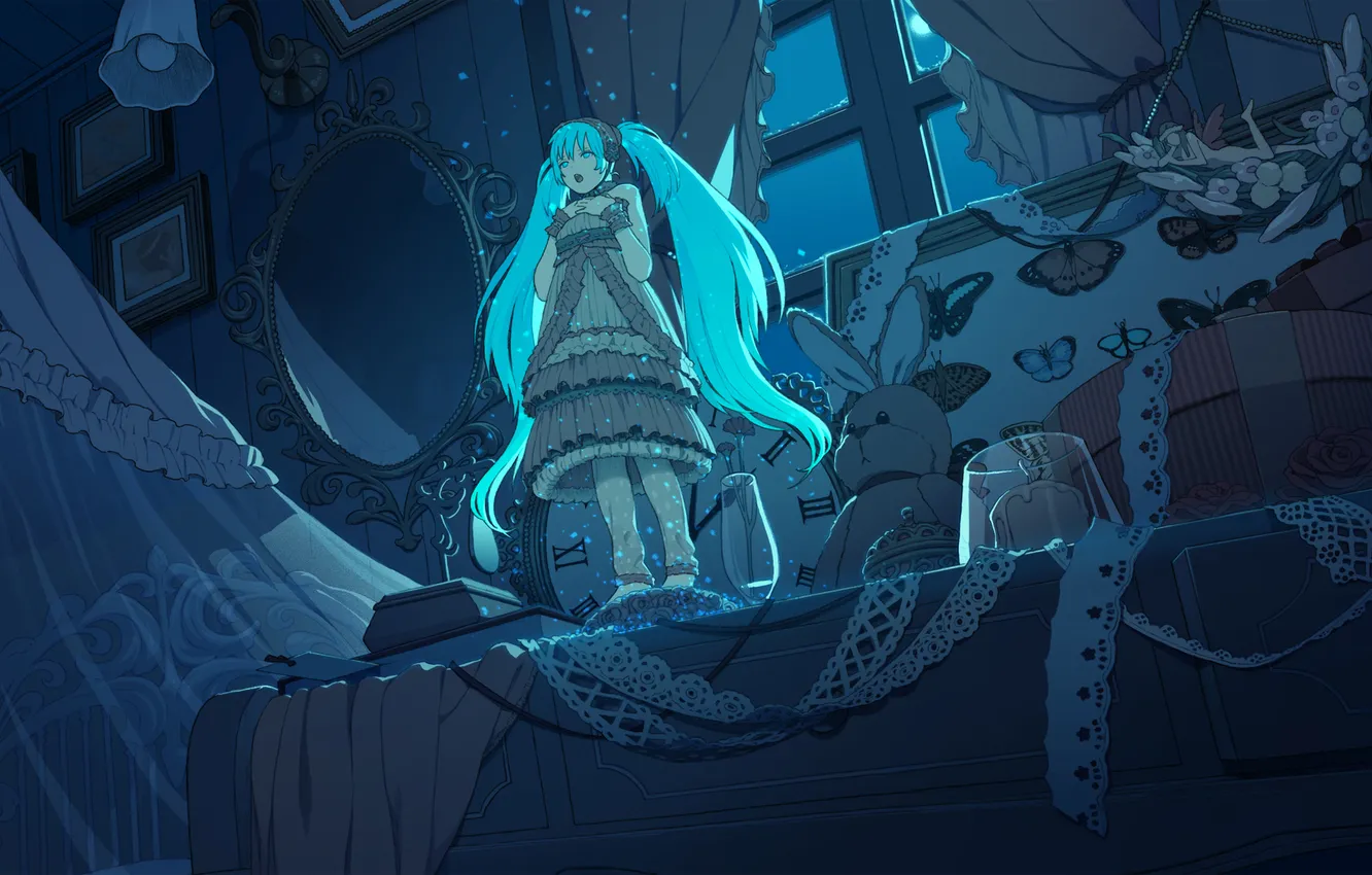 Photo wallpaper night, the moon, toy, watch, picture, mirror, window, curtains