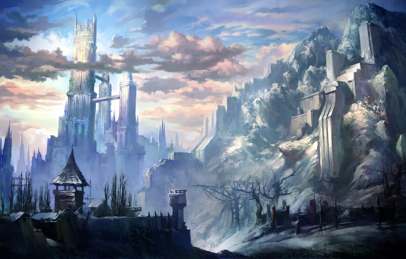 Photo wallpaper clouds, mountains, the city, tower, concept art, tera online, kim hyeong seung