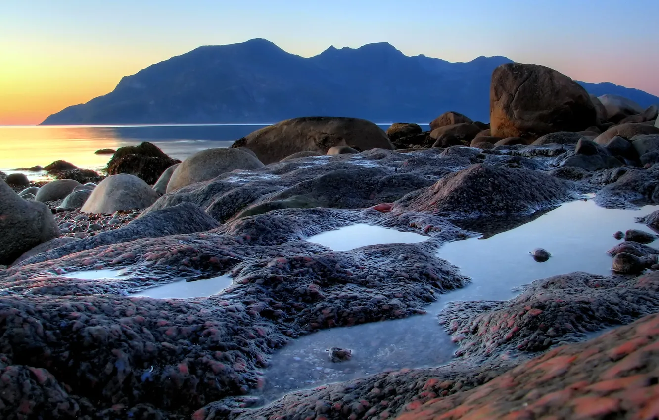 Photo wallpaper sea, landscape, sunset, rocks