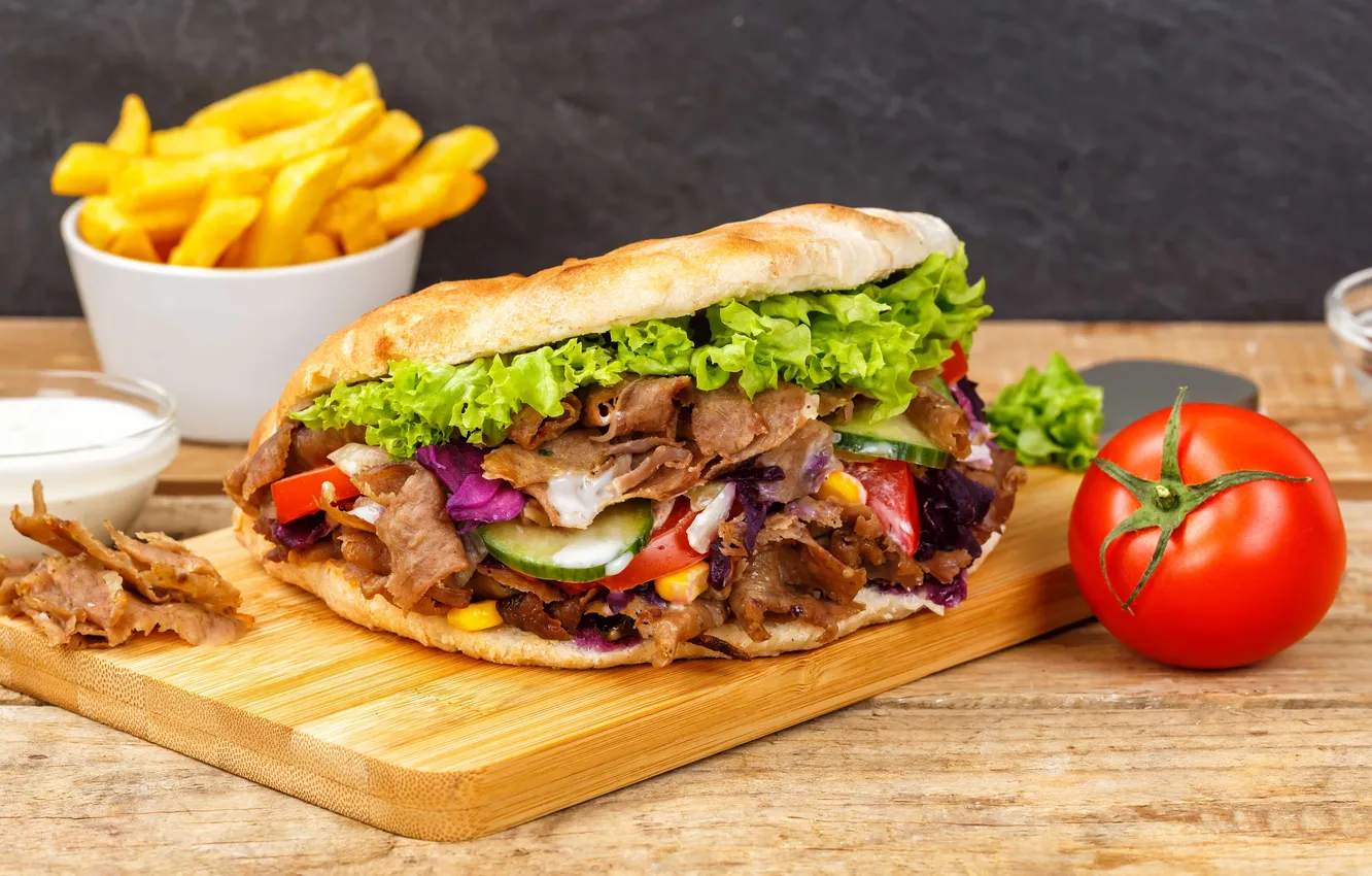 Photo wallpaper fast food, french fries, flatbread, Fries, beef, fastfood, doner kebab