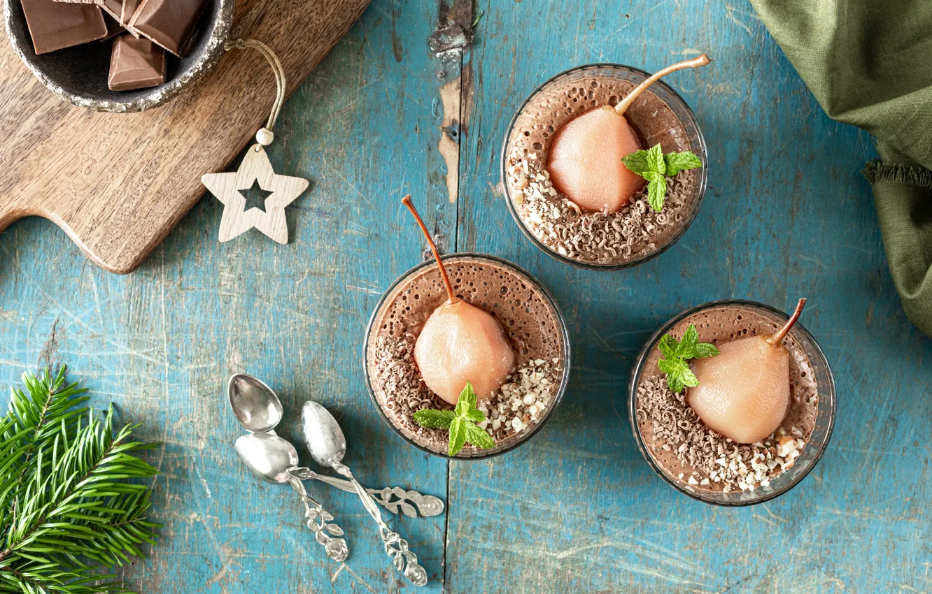 Photo wallpaper stars, branches, glass, chocolate, towel, spoon, bowl, needles