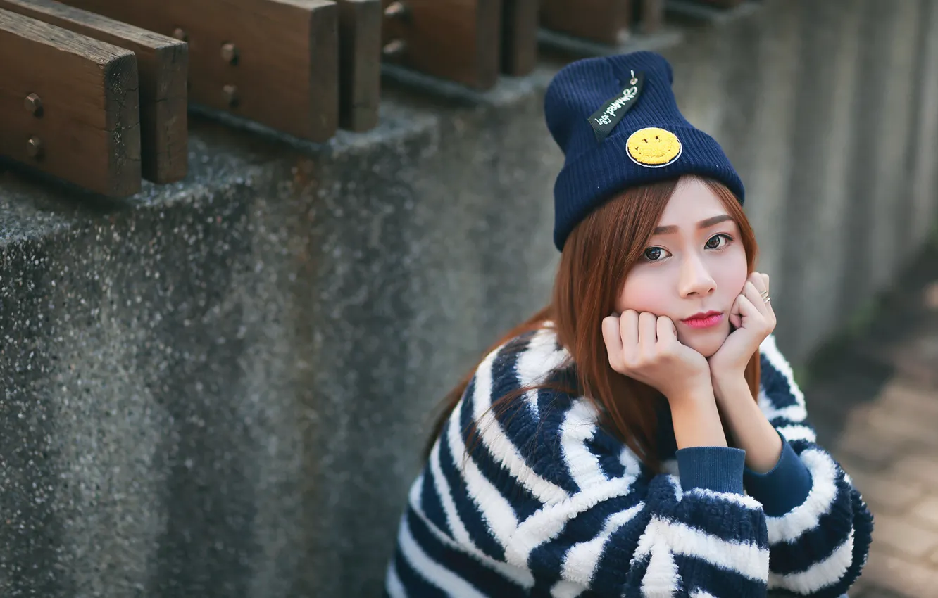 Photo wallpaper look, girl, Asian, cap