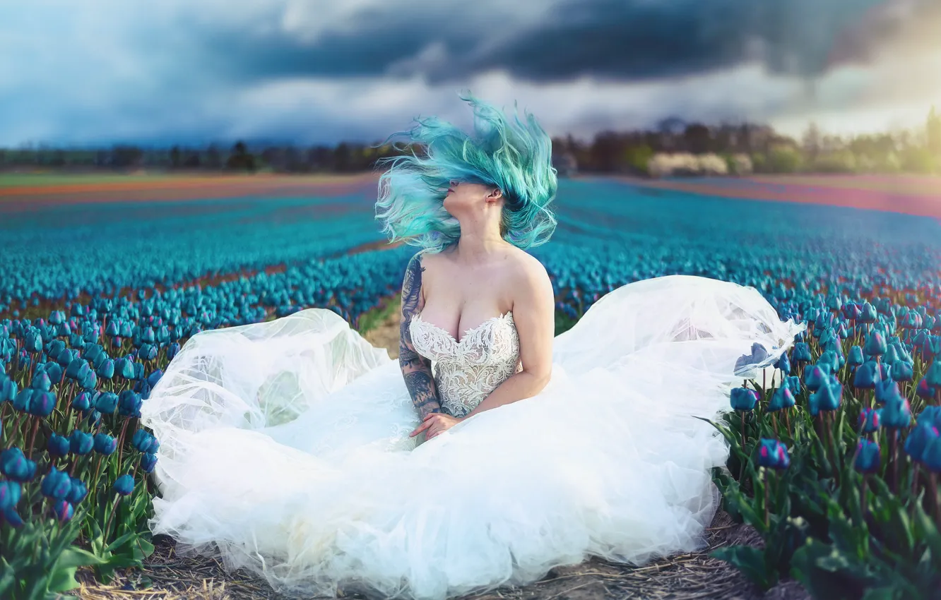 Photo wallpaper chest, the sky, girl, flowers, clouds, nature, pose, style