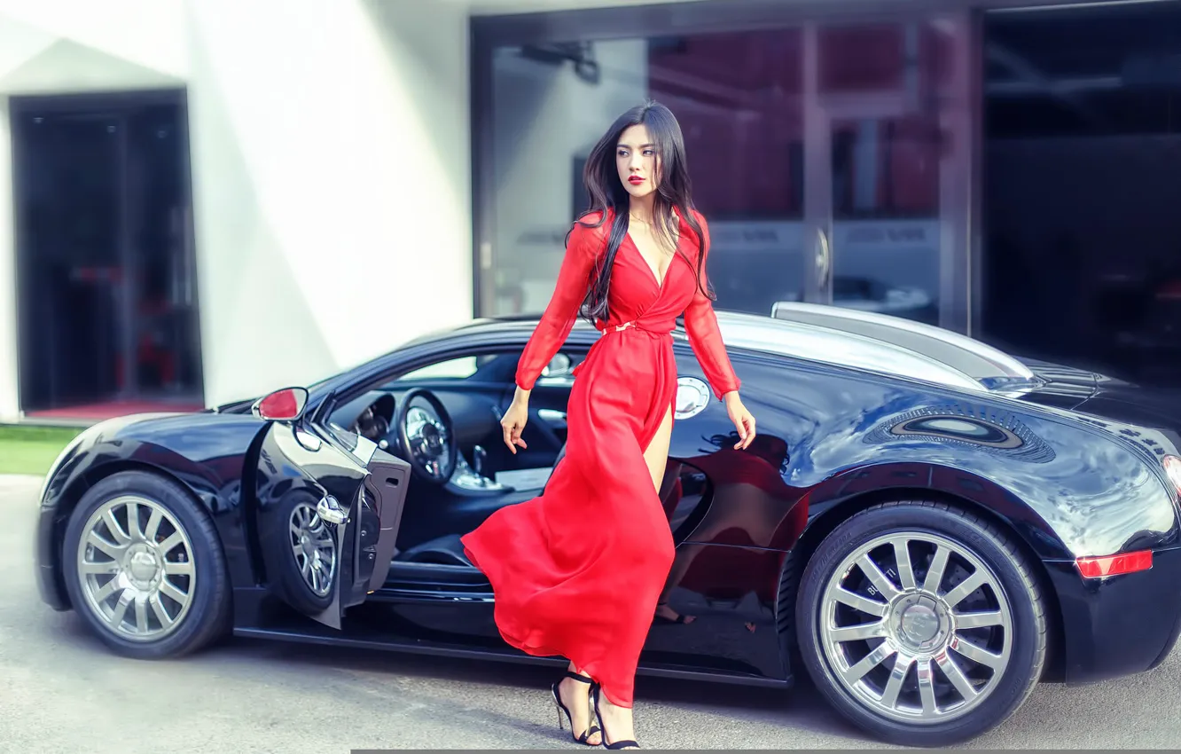 Photo wallpaper girl, Bugatti, car, in red, gait