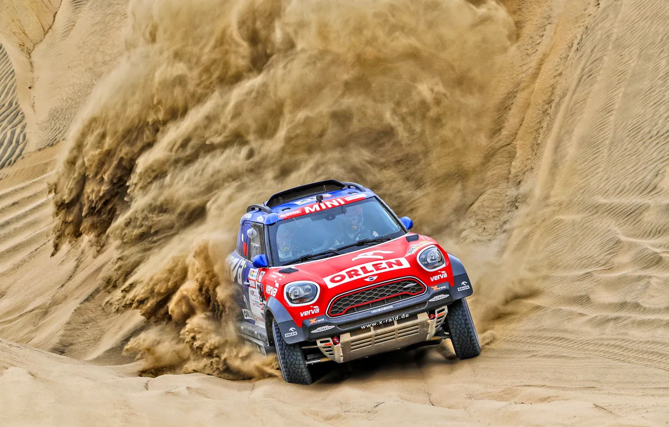 Photo wallpaper sand, race, sport, desert, speed, Mini, dunes, SUV