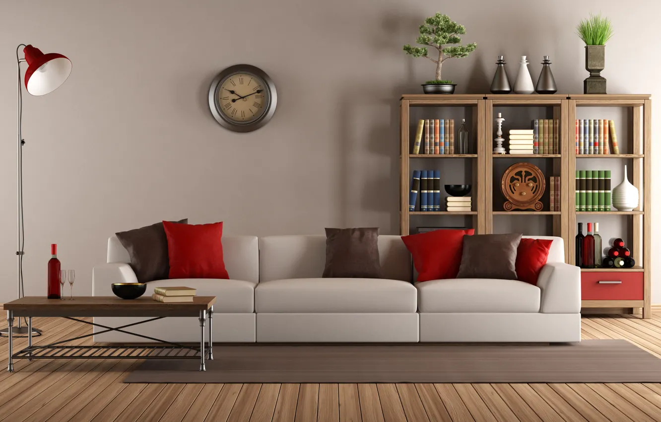 Photo wallpaper sofa, watch, interior, pillow, library, vintage, living room, living room