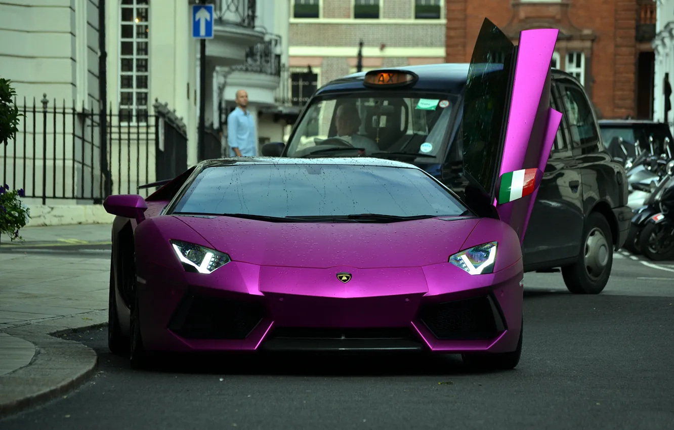 Photo wallpaper purple, reflection, taxi, lamborghini, the front, headlights, aventador, lp700-4