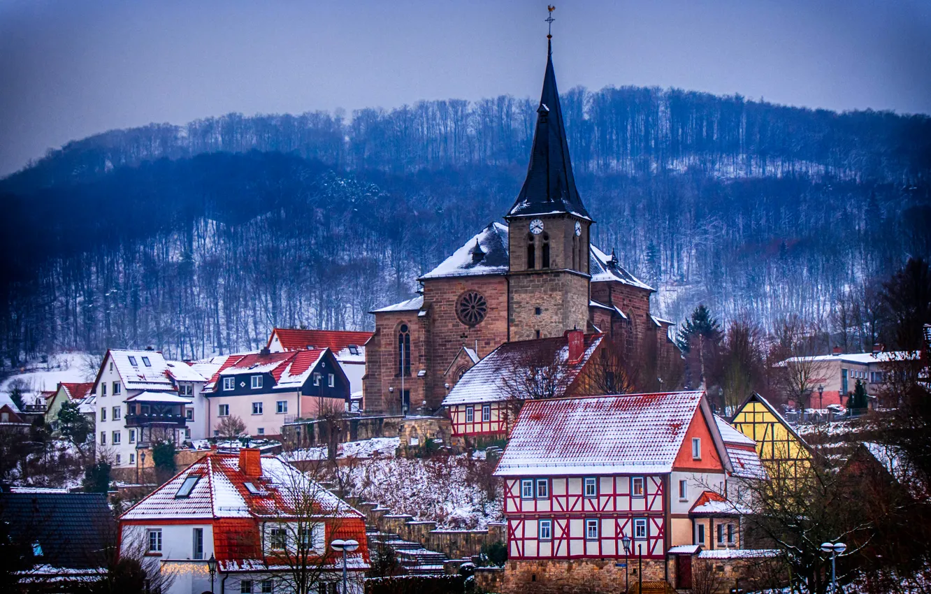 Photo wallpaper winter, landscape, home, Germany, Church, Thuringia, Längenfeld-unterm-Stein