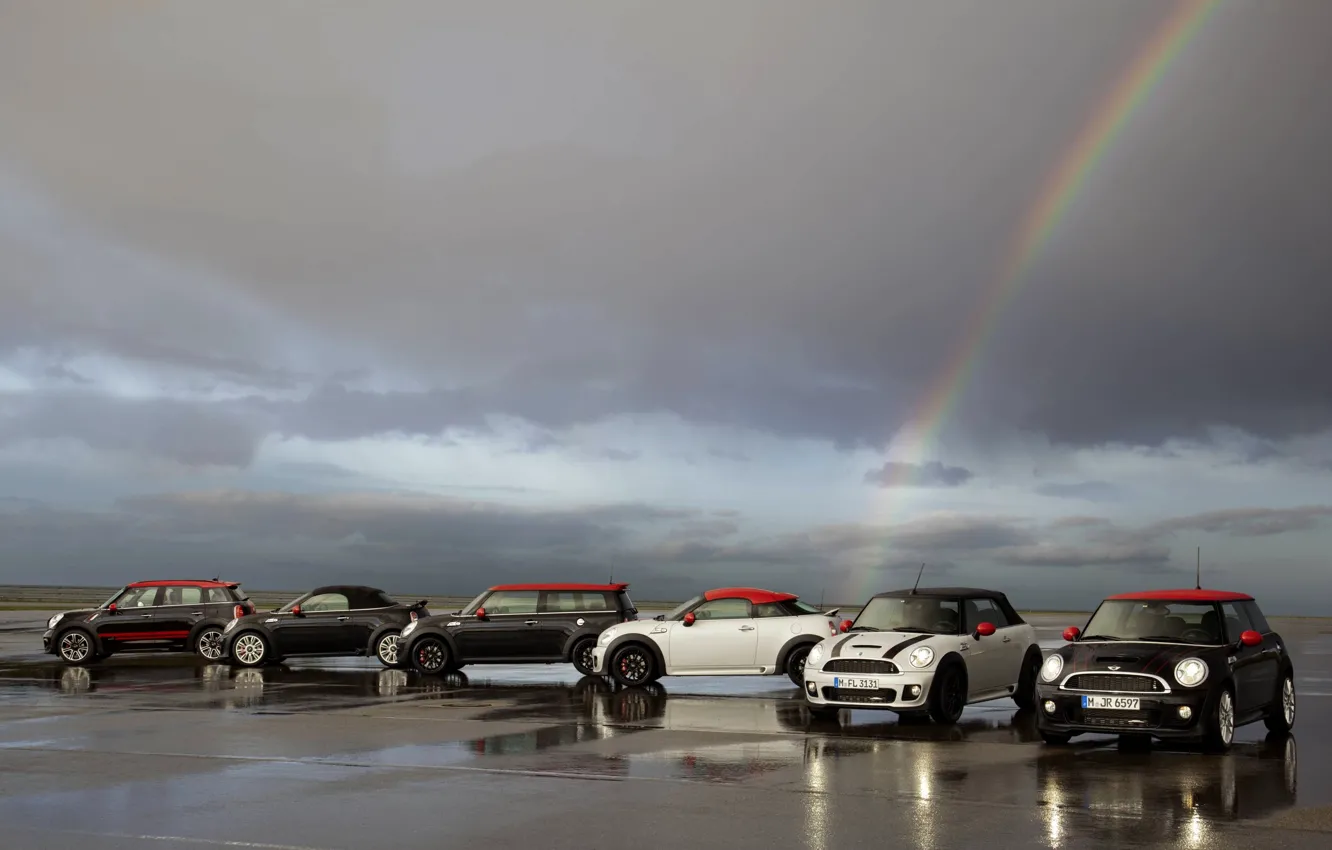 Photo wallpaper asphalt, Rainbow, Machine, Mini Cooper, a lot, MINI, Mini Cooper, Overcast