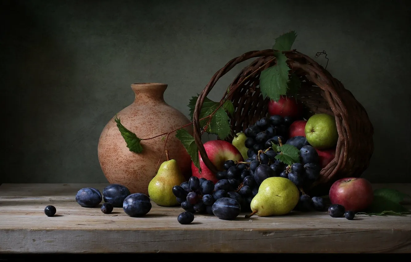 Photo wallpaper leaves, table, wall, apples, Board, grapes, pitcher, fruit