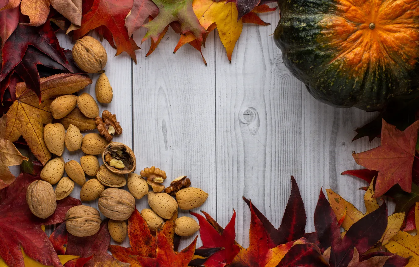 Photo wallpaper autumn, leaves, Board, texture, harvest, pumpkin, nuts, light background