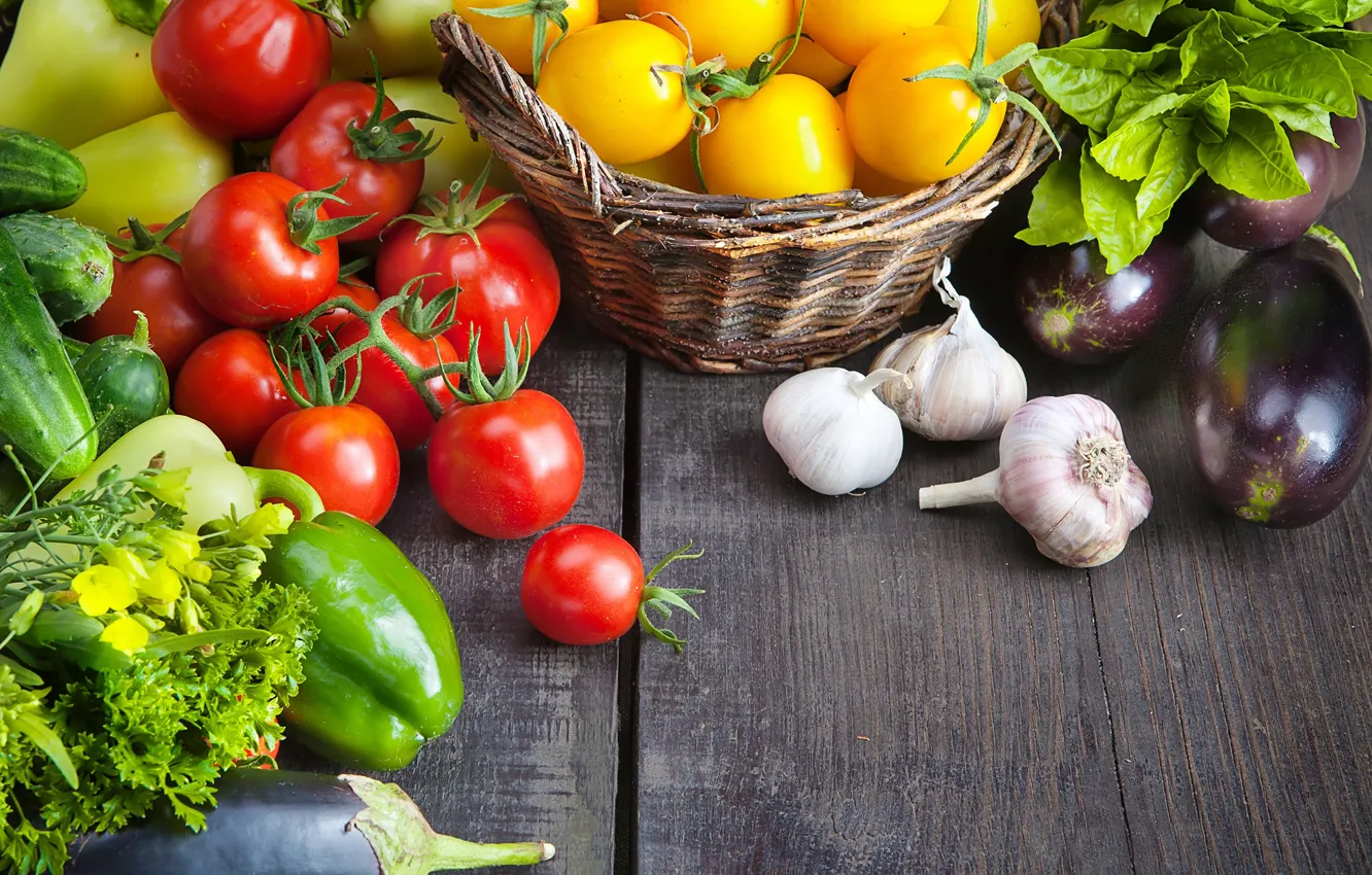 Photo wallpaper greens, basket, pepper, vegetables, tomatoes