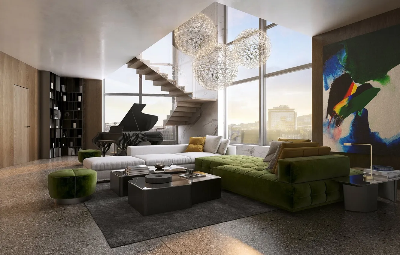 Photo wallpaper design, style, interior, Prague, piano, ladder, living room, Prague-8