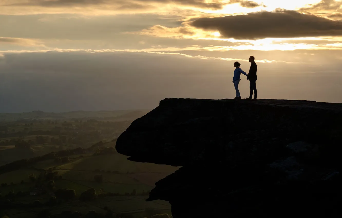 Photo wallpaper girl, rock, height, the evening, guy, two, Peak District