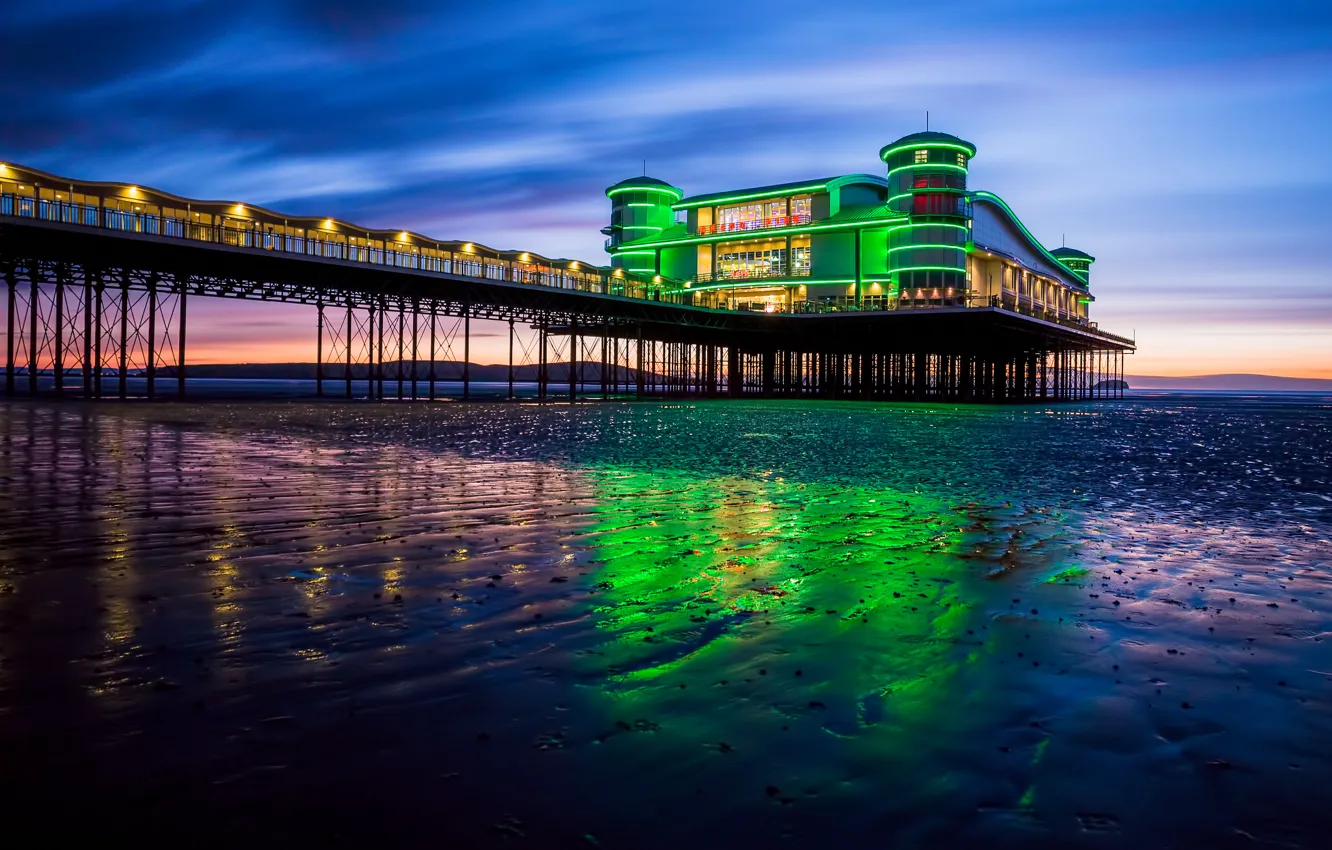 Photo wallpaper sea, the sky, sunset, lights, shore, England, the evening, backlight