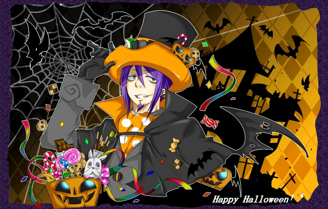 Photo wallpaper web, hat, sweets, pumpkin, Halloween, Anime, bats, anime