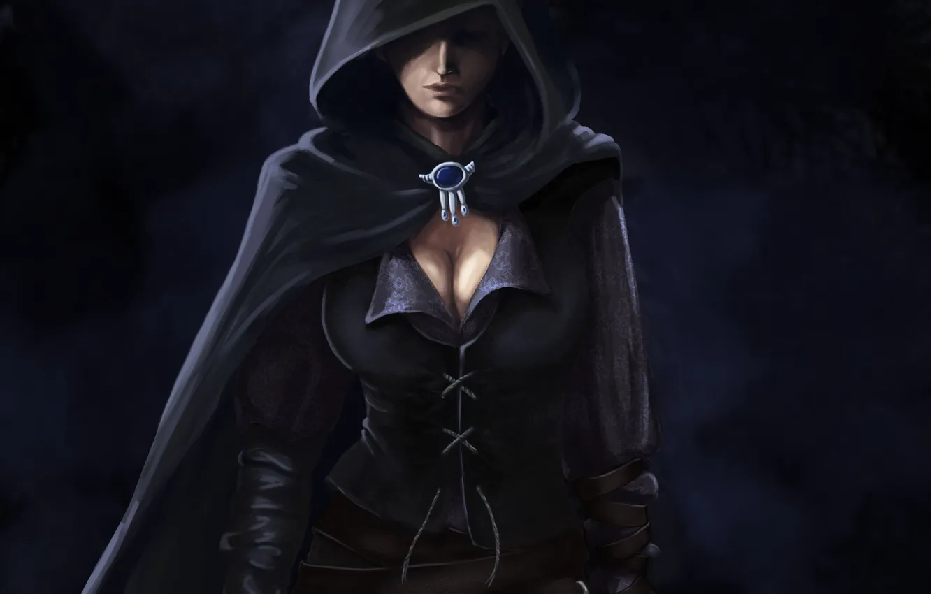 Photo wallpaper chest, girl, dark, art, hood, cloak, brooch