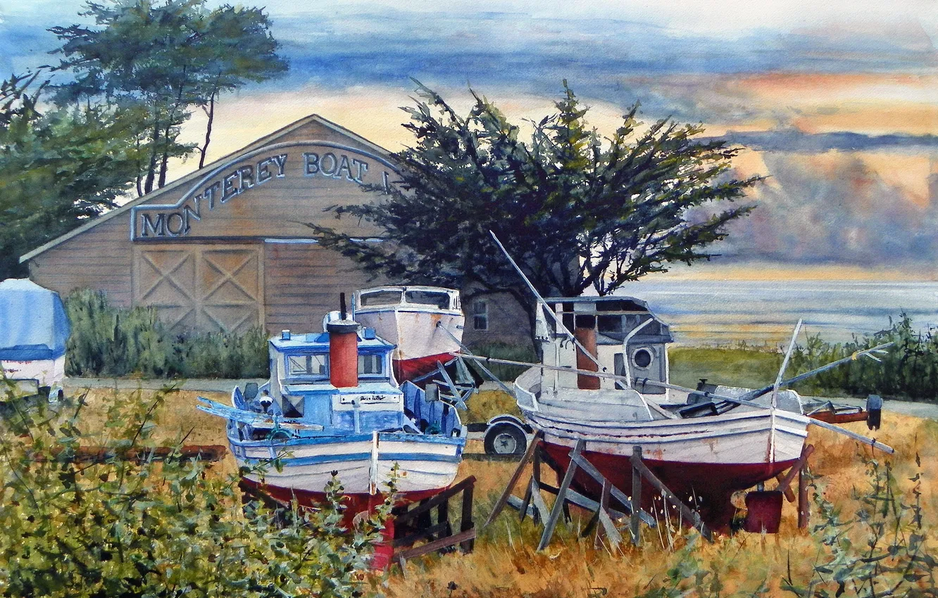 Photo wallpaper sea, trees, shore, yacht, watercolor, Bill Hudson