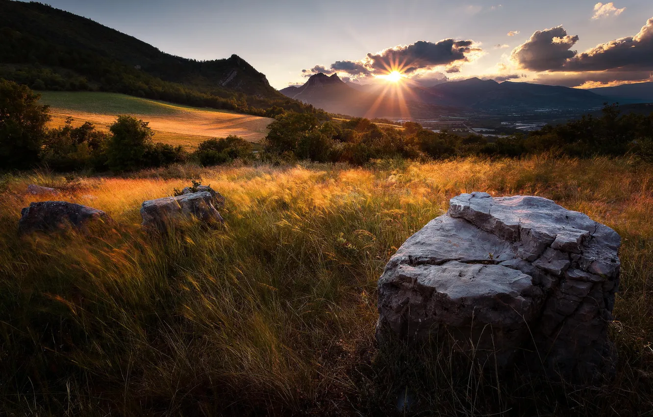 Photo wallpaper grass, sunset, mountains, nature, stones, valley