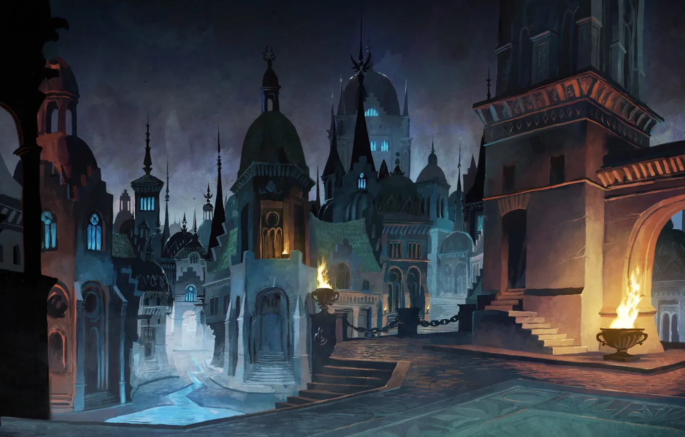 Photo wallpaper night, the city, lights, street, home, art, peak, town hall