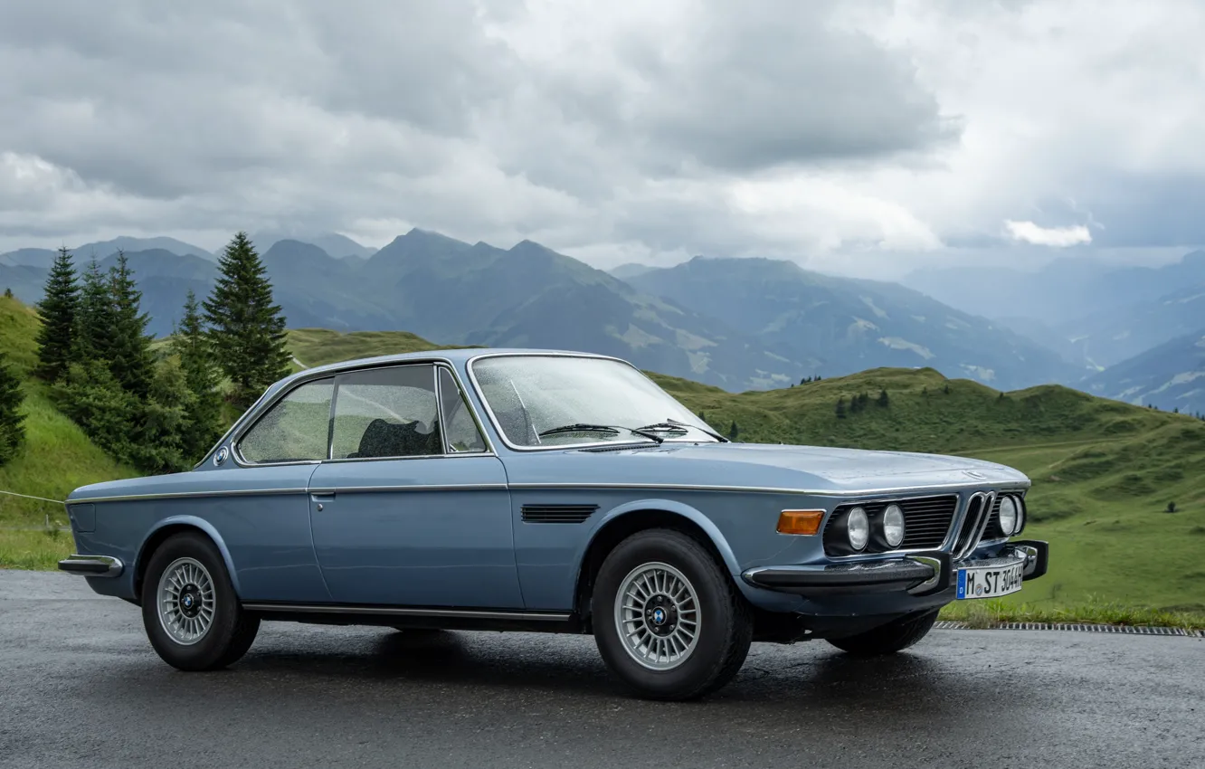 Photo wallpaper car, BMW, trees, mountains, E9, BMW 3.0 CS