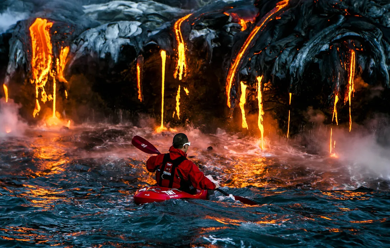 Photo wallpaper sea, lava, adventure, risk, Danger seeker