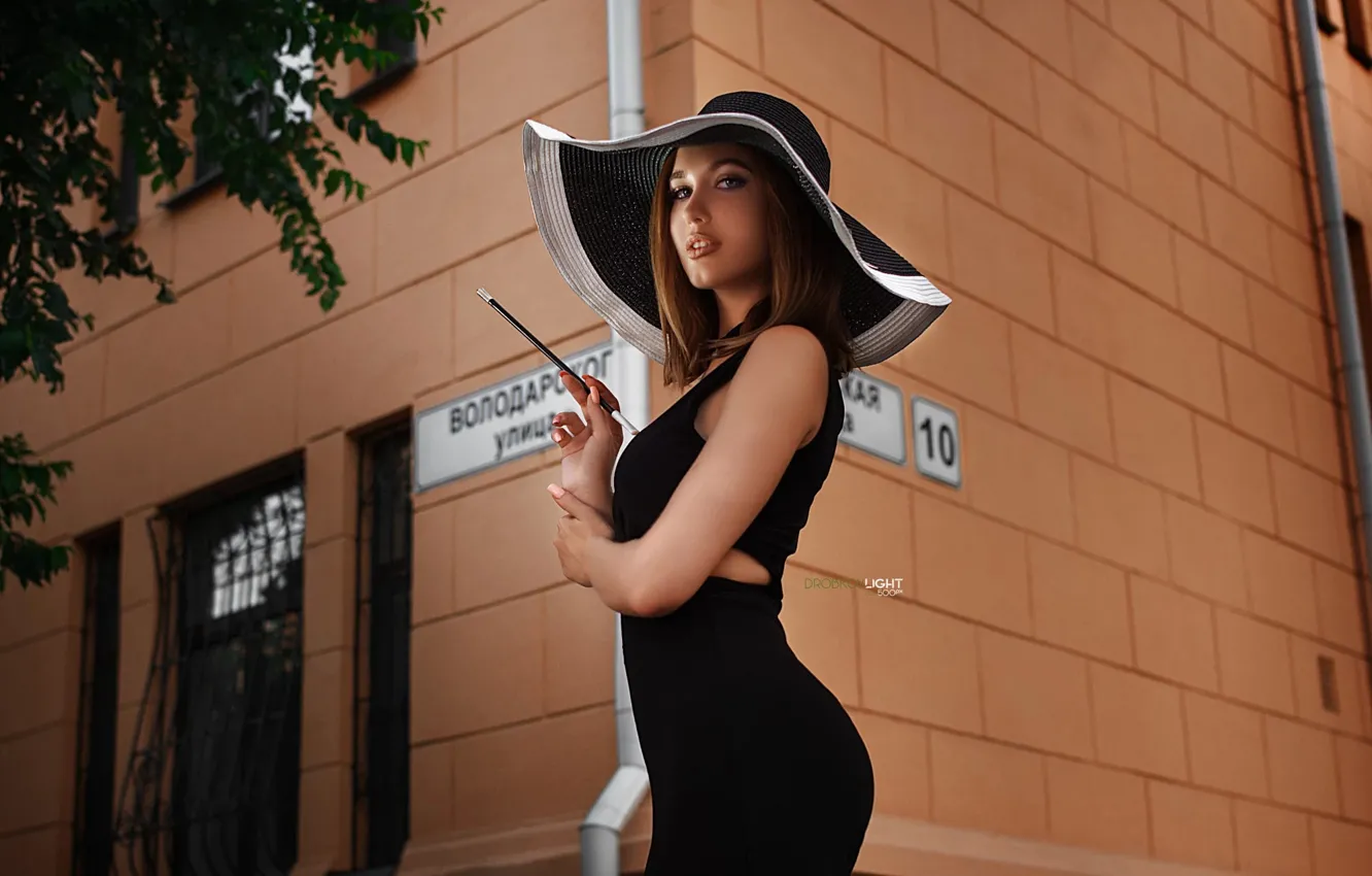 Photo wallpaper girl, street, hat, dress, yard, Daria, Alexander Drobkov-Light