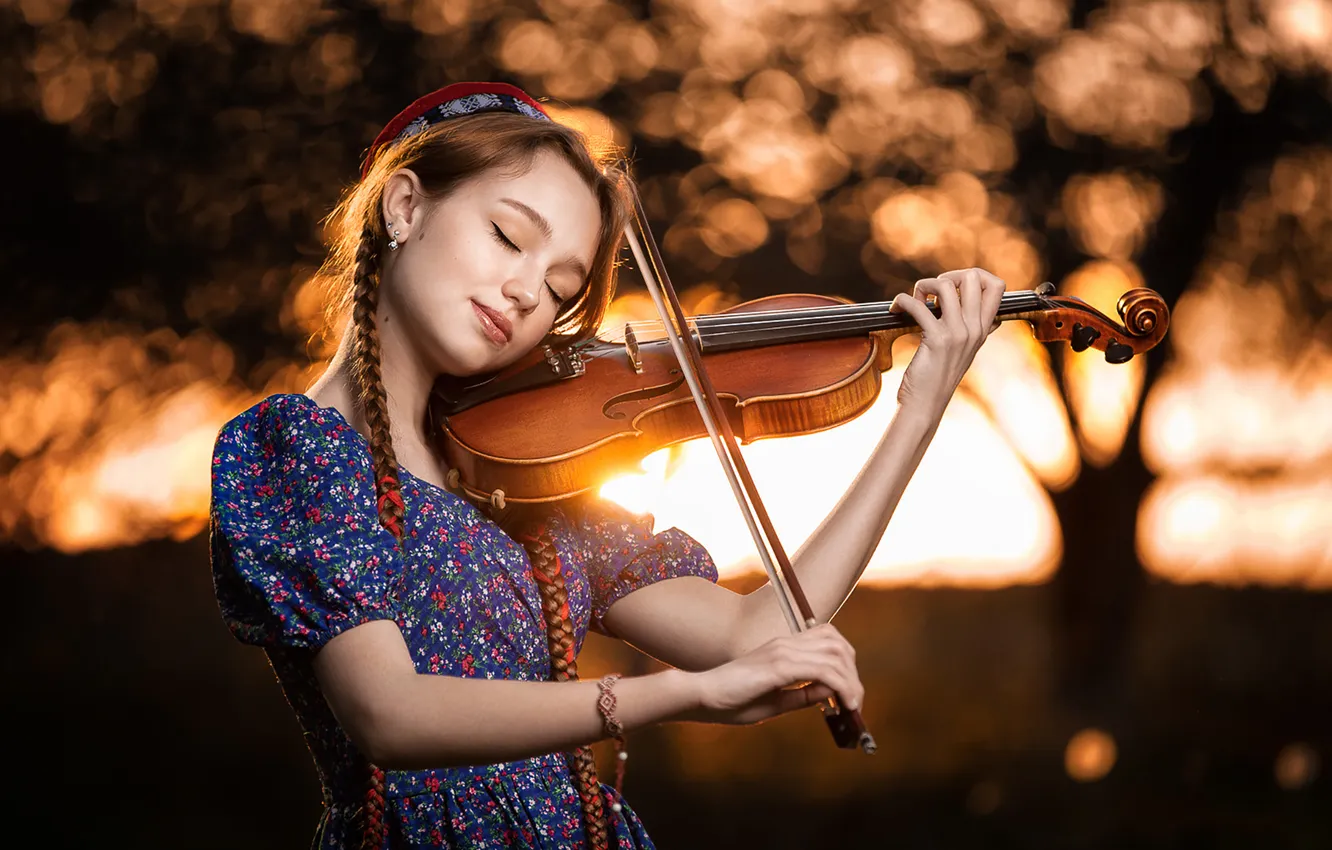 Photo wallpaper the sun, trees, sunset, nature, smile, music, sweetheart, violin
