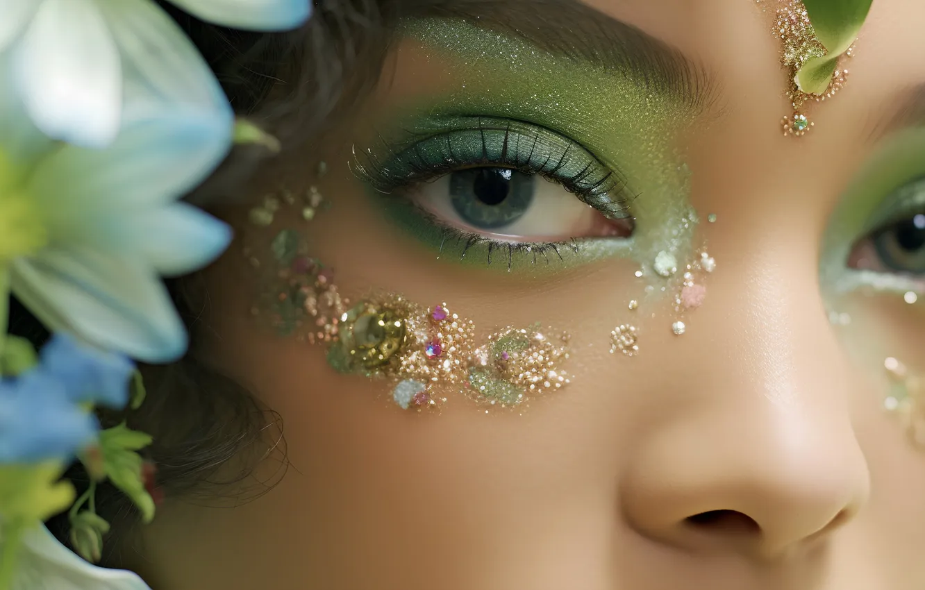 Photo wallpaper eyes, look, girl, makeup, sequins