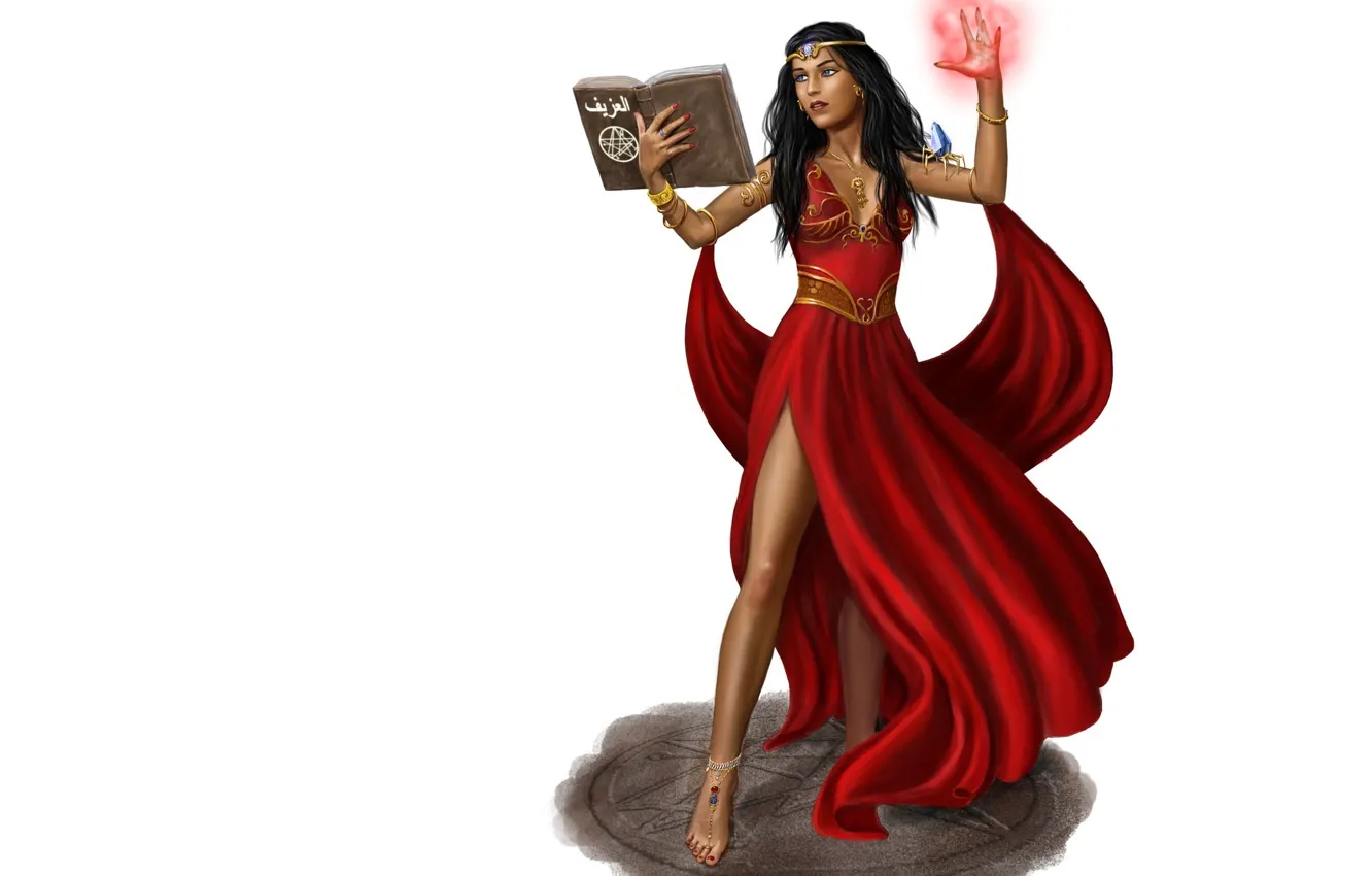 Photo wallpaper look, girl, fiction, magic, art, book, red dress, witchcraft