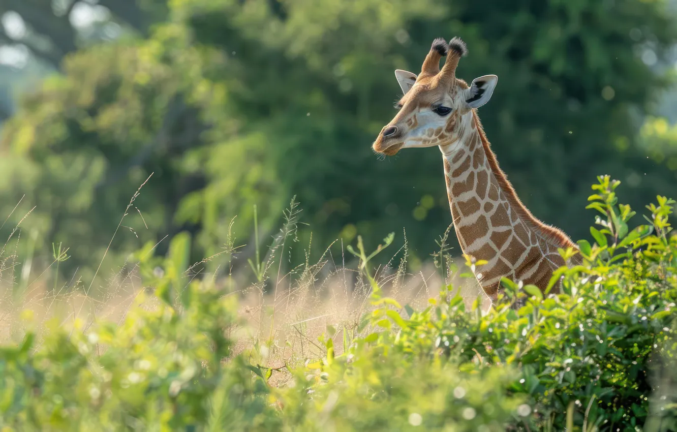 Photo wallpaper greens, summer, look, branches, nature, giraffe, face, the bushes