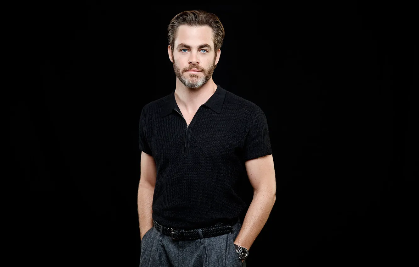 Photo wallpaper portrait, t-shirt, actor, black background, Chris Pine, pants, Chris Pine, 2016