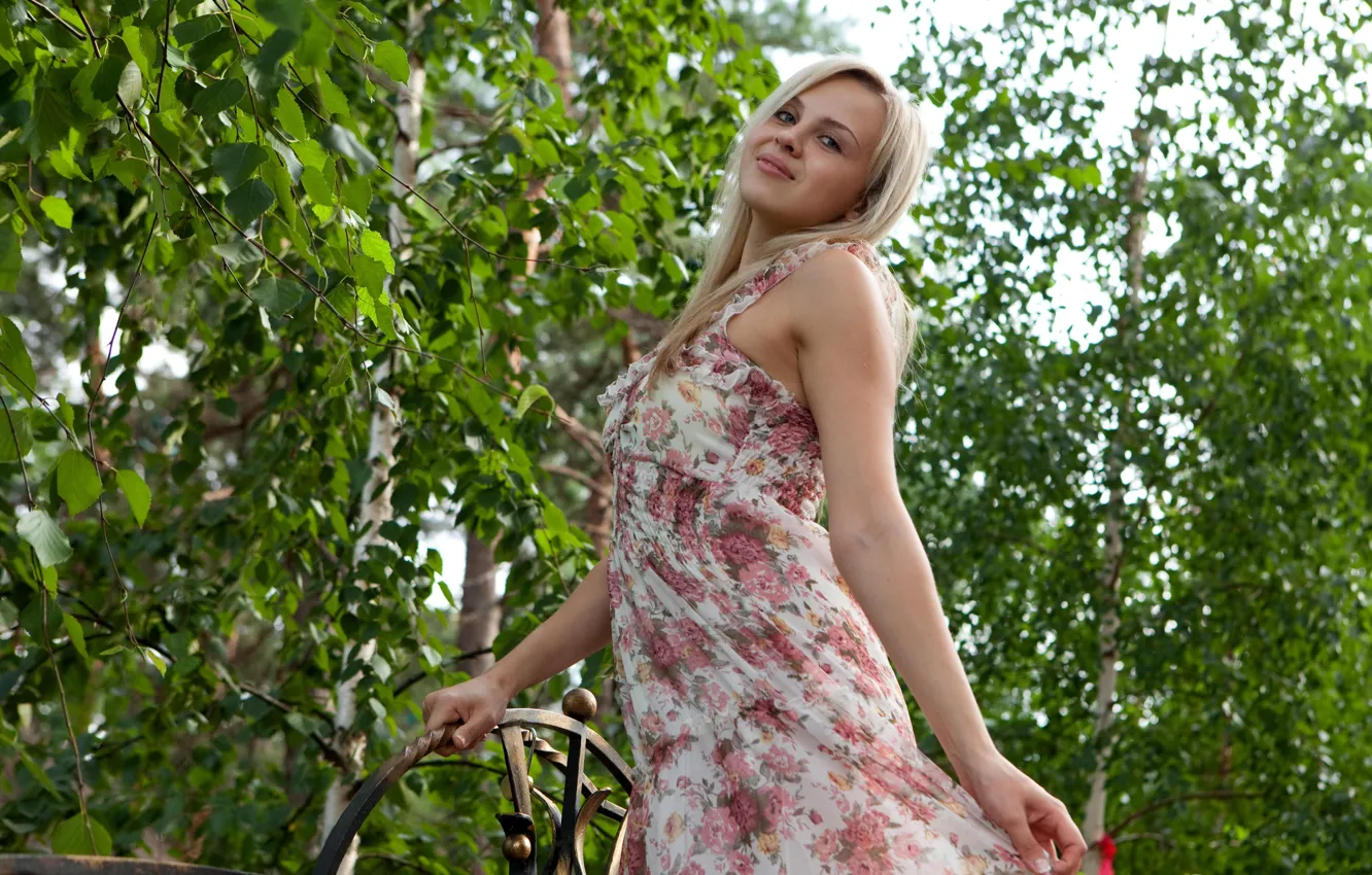 Photo wallpaper look, blonde, birch, cutie, sundress, luciana, Russian girl