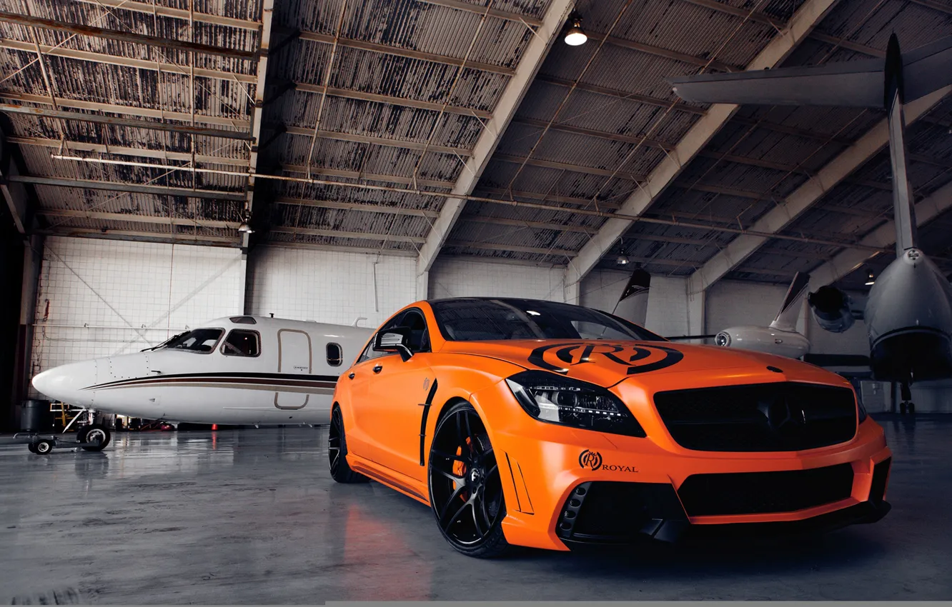 Photo wallpaper auto, machine, orange, the plane, tuning, hangar, mercedes-benz, Mercedes