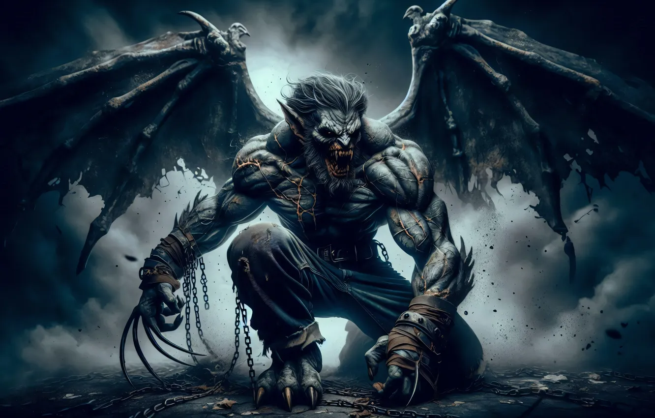 Photo wallpaper wings, monster, the demon, chain