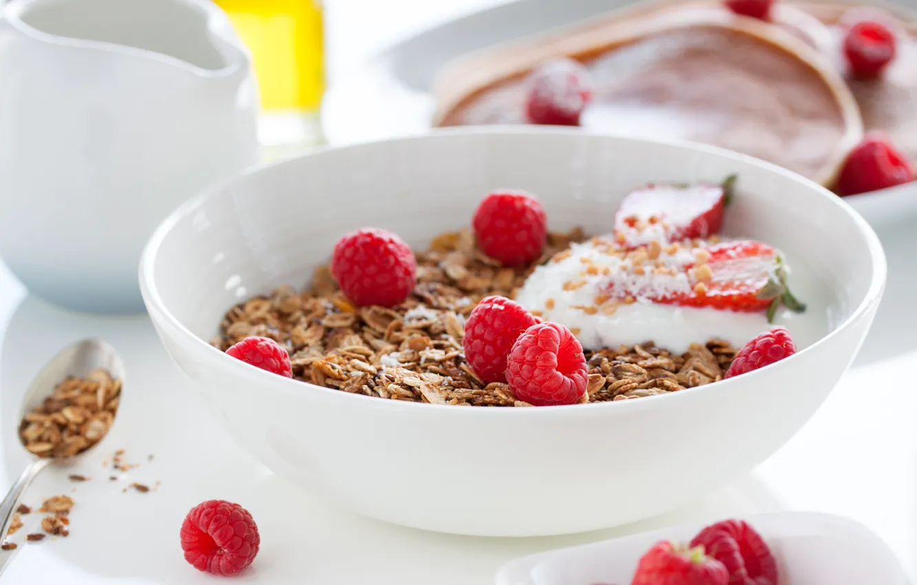 Photo wallpaper raspberry, Breakfast, plate, oatmeal