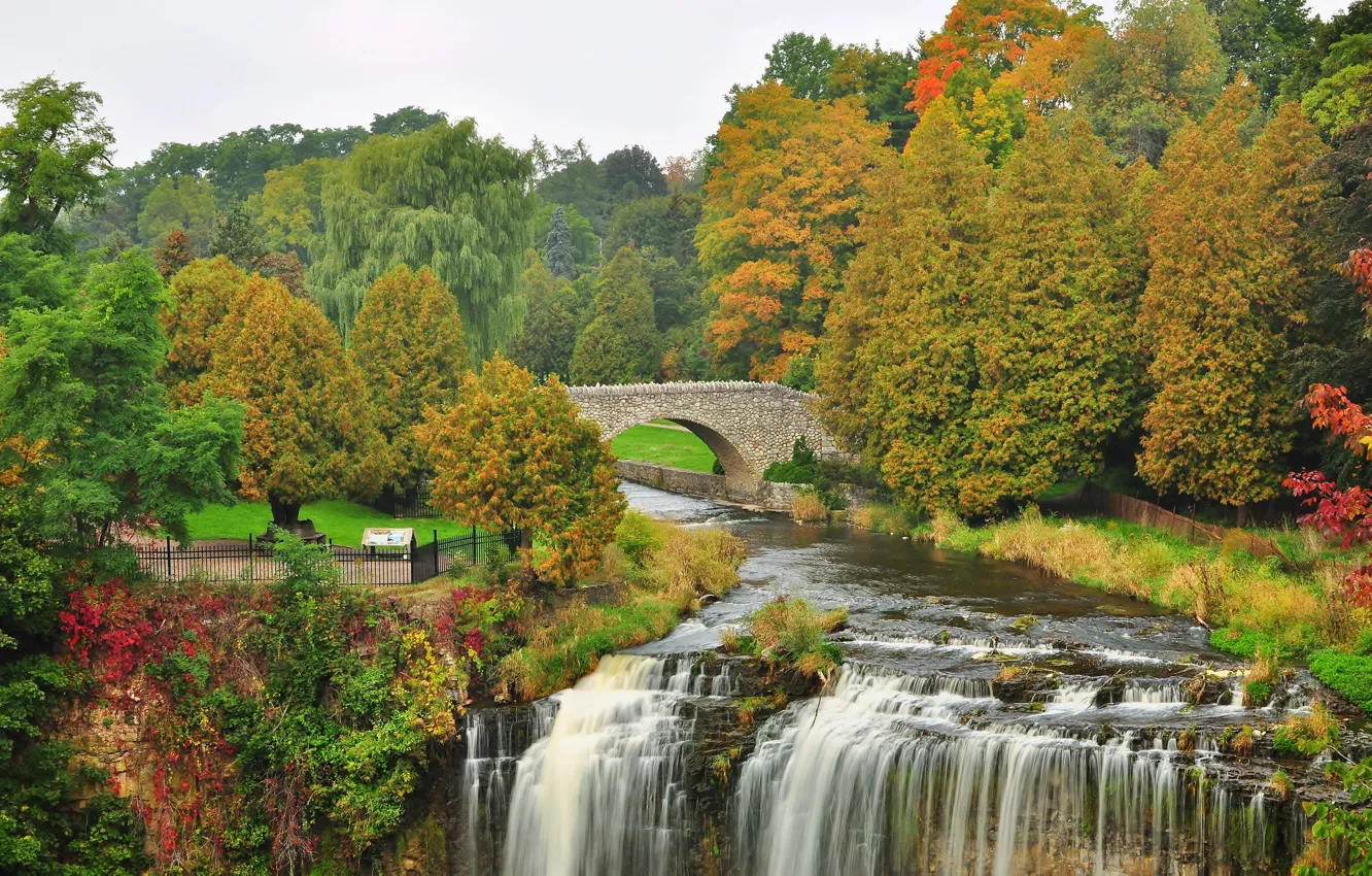 Photo wallpaper autumn, trees, bridge, Park, river, waterfall