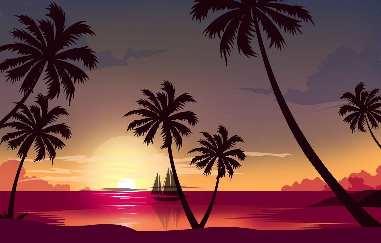 Photo wallpaper sea, beach, the sun, sunset, style, palm trees, the ocean, ship