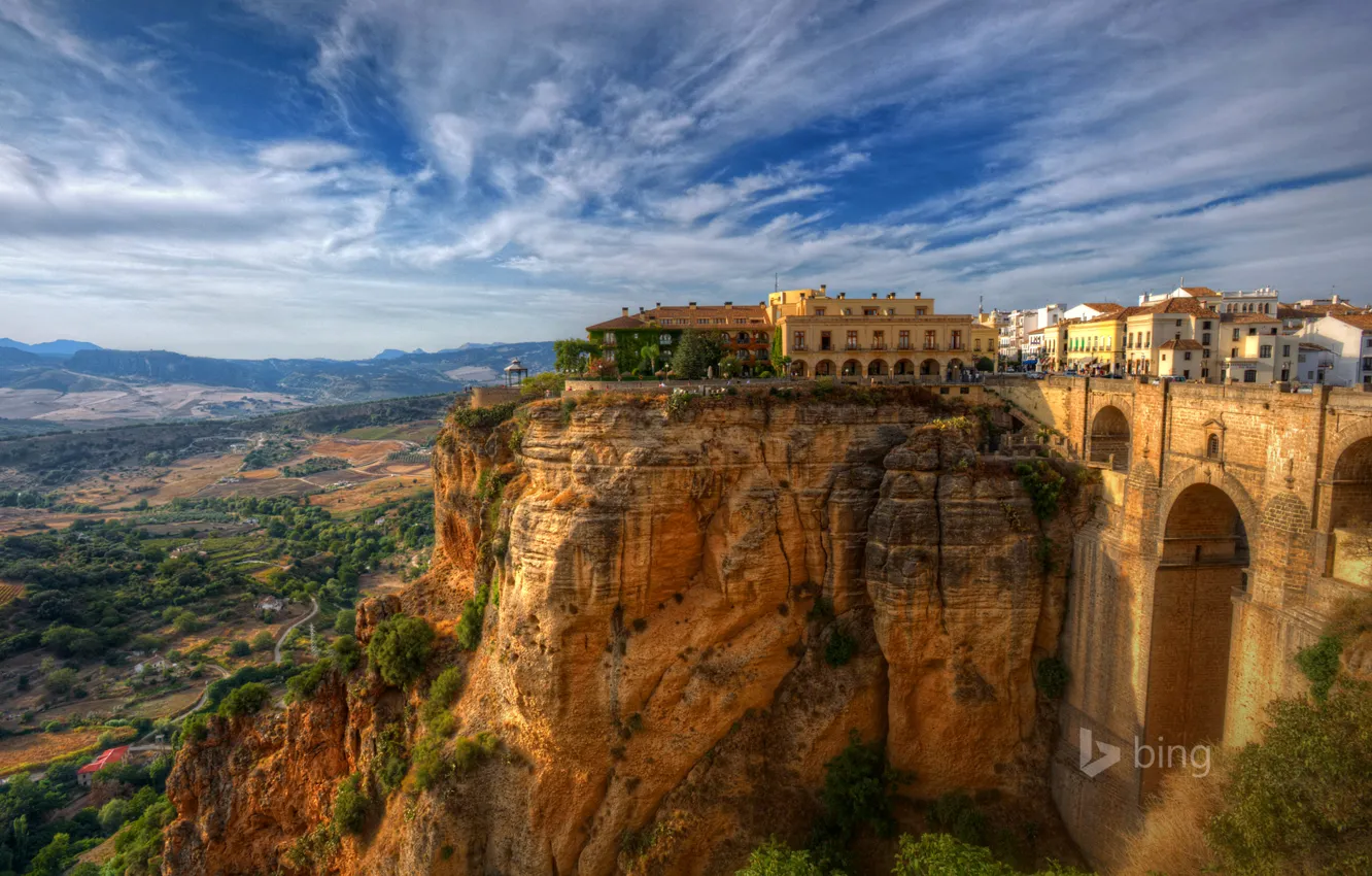 Photo wallpaper the sky, landscape, bridge, rocks, home, Spain, Malaga, Rhonda