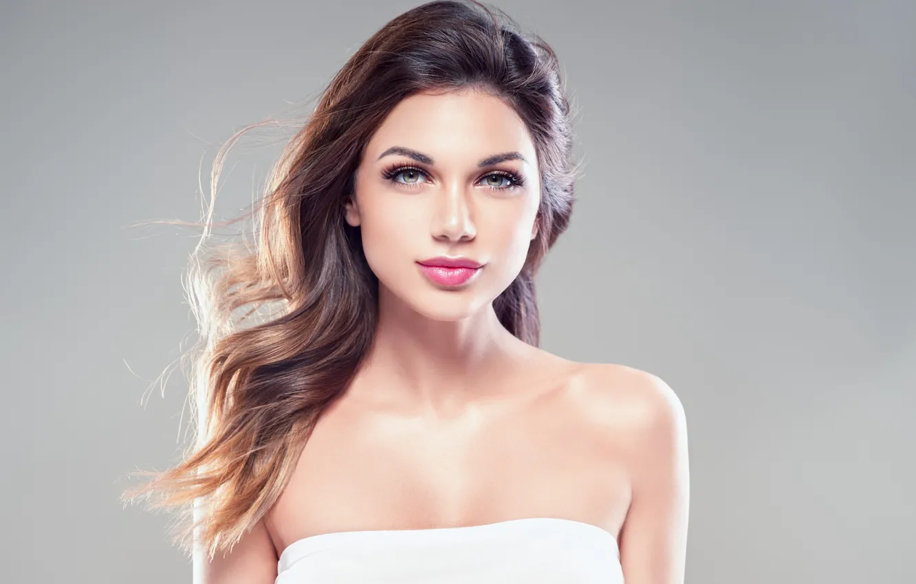 Photo wallpaper look, background, portrait, makeup, hairstyle, brown hair, beauty, in white