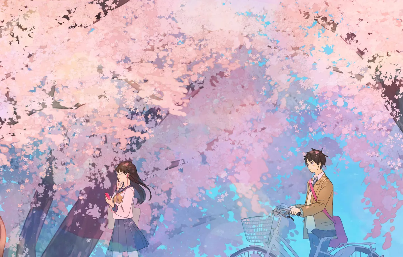 Photo wallpaper spring, Sakura, students, quic