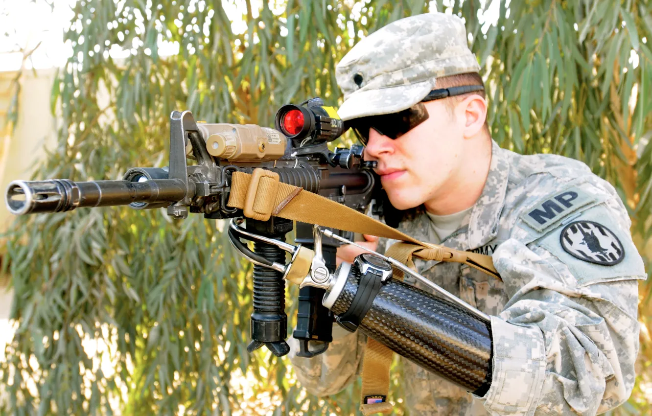 Photo wallpaper military, war, scope, Soldier, Assault rifle, prothesis