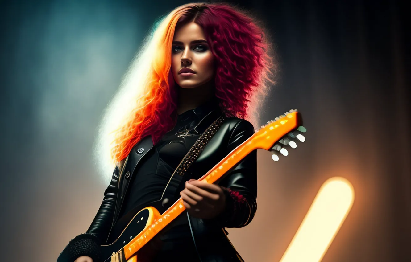 Photo wallpaper look, red hair, bokeh, on stage, digital art, leather jacket, girl with guitar, digital art