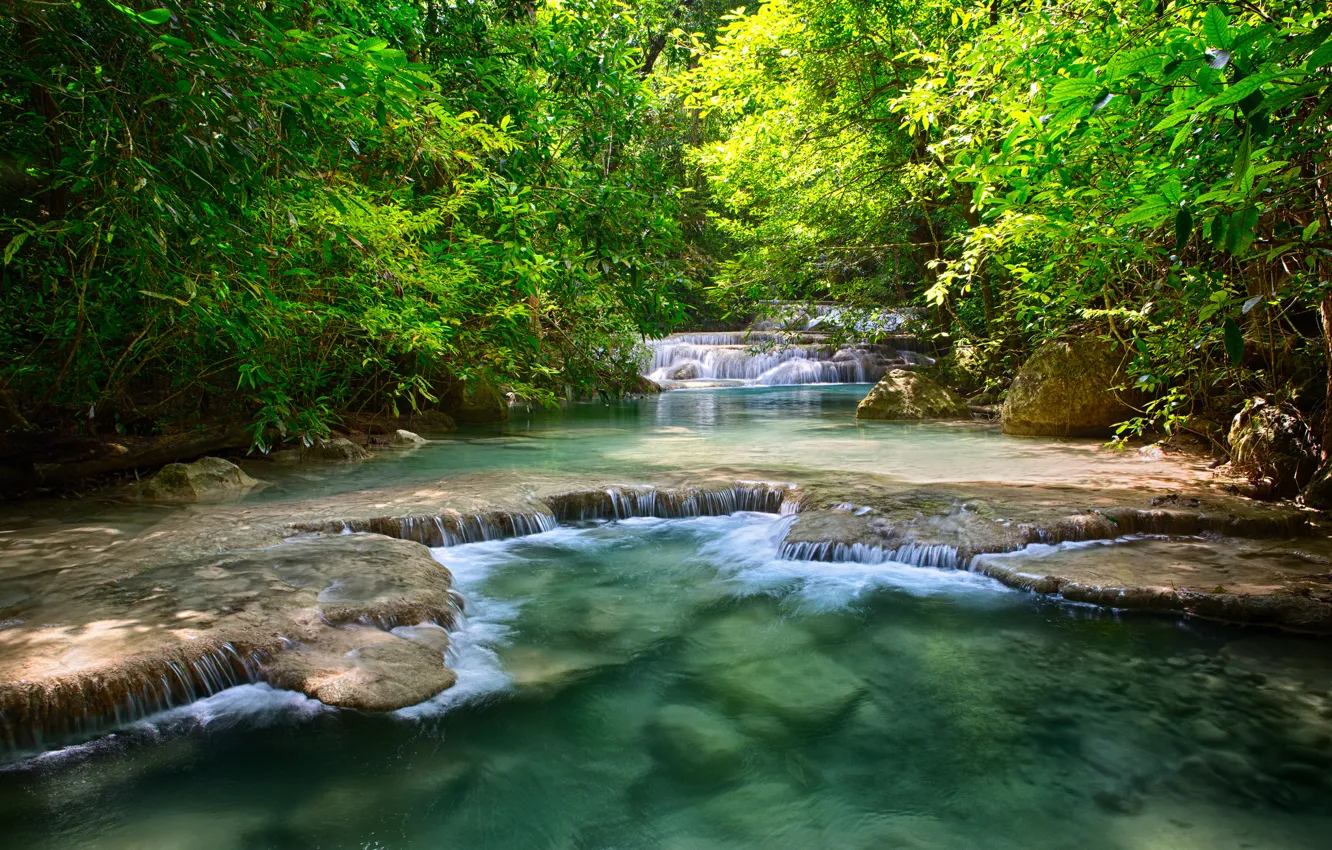Photo wallpaper greens, leaves, trees, river, waterfalls, Thailand